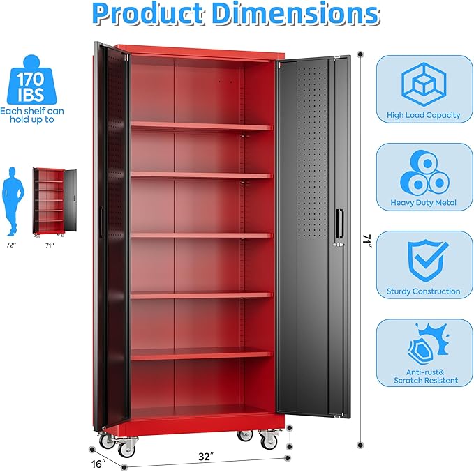 71" H Metal Garage Storage Cabinet with 5 Adjustable Shelves and Pegboard,Steel Storage Cabinet with Wheels for Garage Home Office Utility Room,Required Assembly, Red and Black