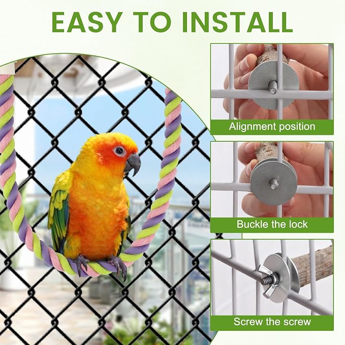 8 Pcs Natural Wood Bird Perch Swing & Bird Rope Platform Set | Fits Small/Medium Parrots (Budgies, Conures) | Multi-Level Cage Gym for Climbing | Safe Chewing | Tool-Free Mount