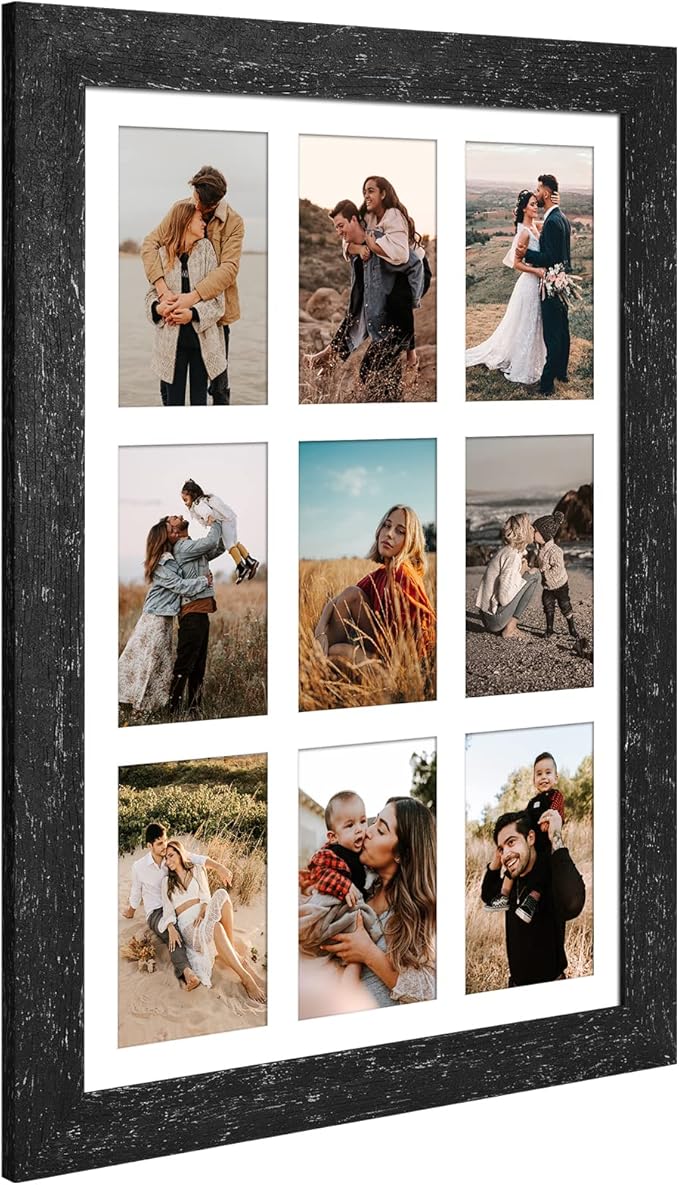 13.5x19.5 Picture Frame Display 9 opening 4X6 Picture Frame Collage,Multi Photo Frame with Mat,Plexiglass,Wall or Tabletop Decor,Black Wood Grain