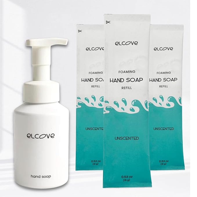 Foaming Uncented Hand Soap Refills with Reusable Foaming Soap Dispenser, Concentrated Powder to Liquid Hand Soap Refills Make 3 x 12oz Bottles of Fragrance Free Hand Wash