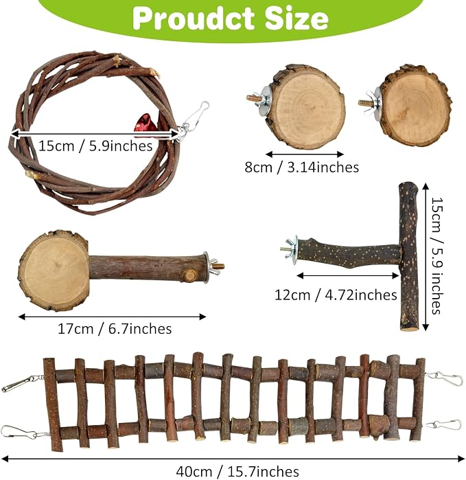BNOSDM 6PCS Chinchilla Cage Accessories, Natural Wood Sugar Glider Climbing Bridge & Perch Platforms, Rat Enrichment Toys Set for Small Animals Squirrel, Gerbil, Hamster