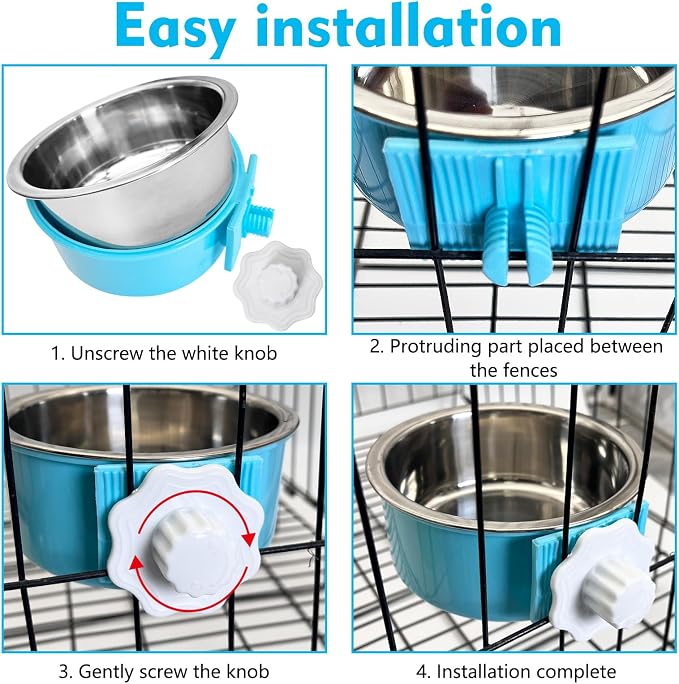 kathson Crate Dog Bowl 2pcs, Removable Stainless Steel Hanging Pet Kennel Cage Bowl Food & Water Feeder Coop Cup for Puppy, Cat, Rabbit, Guinea Pigs (2 PCS, Size: L, Blue and Green)