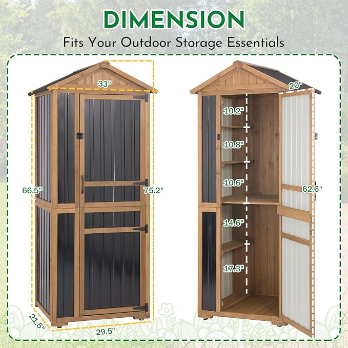 Ketive Outdoor Storage Cabinet 70 Inch, Wooden Vertical Garden Tool Storage Shed with Adjustable Shelves, Waterproof Roof, Lockable Doors, Small Backyard Utility Cabinet for Patio Garage