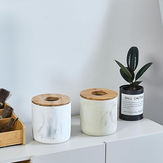 Natural Travertine Textures Beige Mini Trash Can with Bamboo Lid,Small Countertop Trash Can for Bathroom, Kitchen, Vanity, Desk Trash Can,Table Top Mini Garbage Can for Dining Room, Tiny Waste Basket