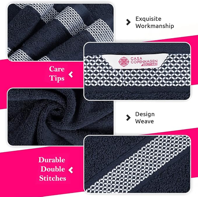 CASA COPENHAGEN Solitaire 6 Pieces Towel Set- Navy Blue, 600 GSM 2 Bath Towel 2 Hand Towel 2 Washcloth, Designed in Denmark Made of Soft Egyptian Cotton for Bathroom, Kitchen & Shower
