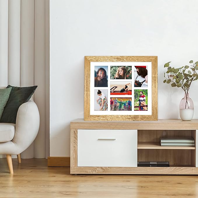 13.5x15.5 Picture Frame Display 7 opening 4X6 Picture Frame Collage,Multi Photo Frame with Mat,Plexiglass,Wall or Tabletop Decor,Gold