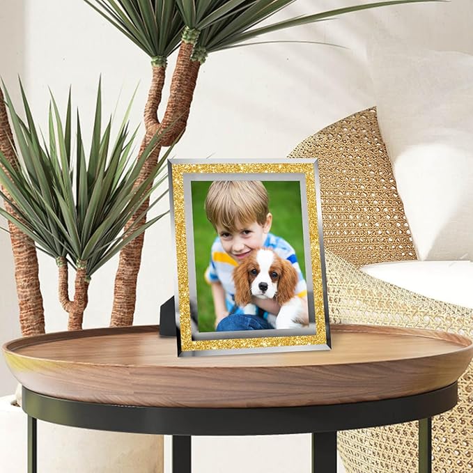 5x7 Picture Frames Gold - Set of 4, Sparkle Real Glass 5 by 7 Photo Frame with Silver Mirrored Edge, for Tabletop Display, Wedding Birthday Christmas Day Gifts (5 x 7, Glitter Gold)