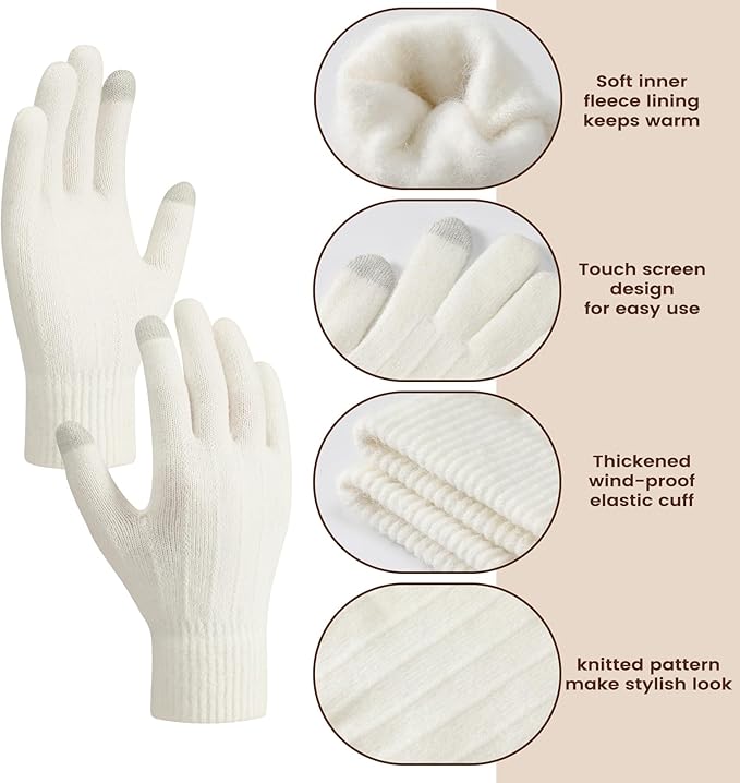 Women Winter Hat Beanie+Long Scarf+Touch Screen Gloves Set, Warm Clothes Set with Knit Fleece Lined for Women/Men Winter