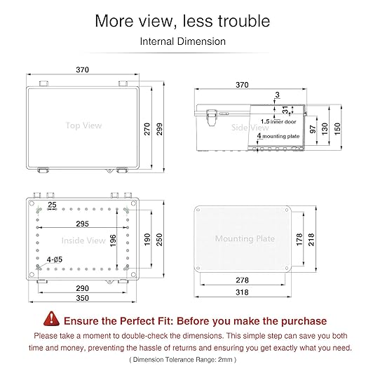 QILIPSU Waterproof Junction Box IP67 Outdoor Plastic Electrical Project Enclosure Weatherproof with Inner Door, Mounting Plate, Wall Brackets, Hinged Grey Cover 14.6"x10.6"x5.9" -D