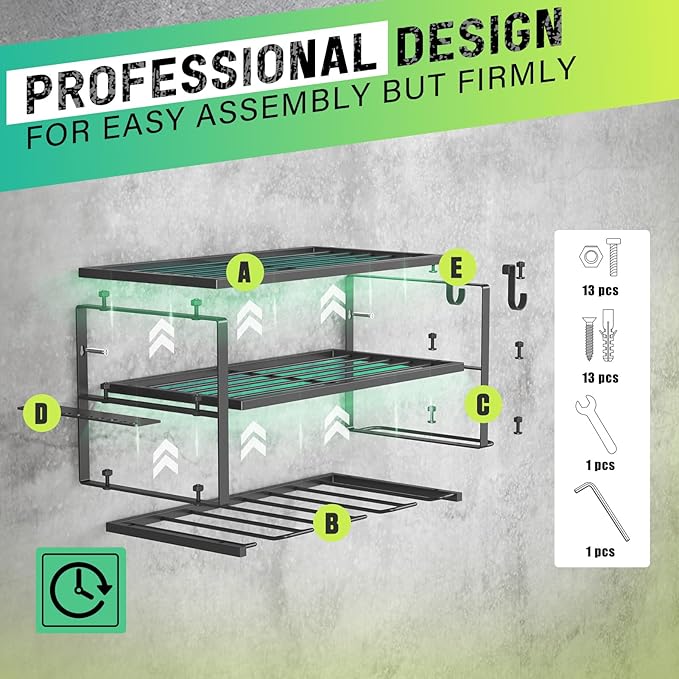 3-Tier Heavy Duty Steel Power Tool Organizer, Matte Black, 3 Layers Tool Rack Cordless Drill, Floating Shelf Wall Mounted, 4 Drill Holders