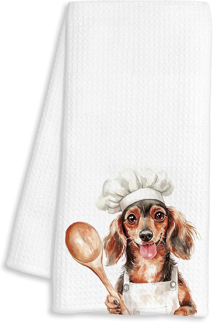 Funny Dachshund Chef Kitchen Towels, Dachshund Gifts for Women Men, Chef Gifts, Funny Wiener Dog Decorative Dish Hand Tea Towels for Kitchen Bakery, 16x24 Inch