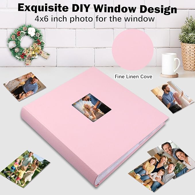 Photo Album 4x6 600 Photos with Writing Space Linen Cover with Front Window Picture Album, 600 Photos 4x6 Photo Album Book for Wedding Kids Travel Family Baby Pictures (Pink)