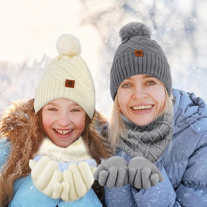 YARIEW Winter Hat Neck Warmer and Gloves Set for Women, Warm Knitted Beanie with Pom Pom, Soft Ear Warmer Scarf, Warm Gloves