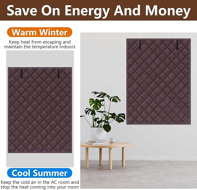 3 Layer 63 x 47 Inch Winter Insulated Window Cover,Oxford Thermal Insulated Window Blanket with Fastener,Brownish Red Window Insulation Kit for Winter Keeping Warm
