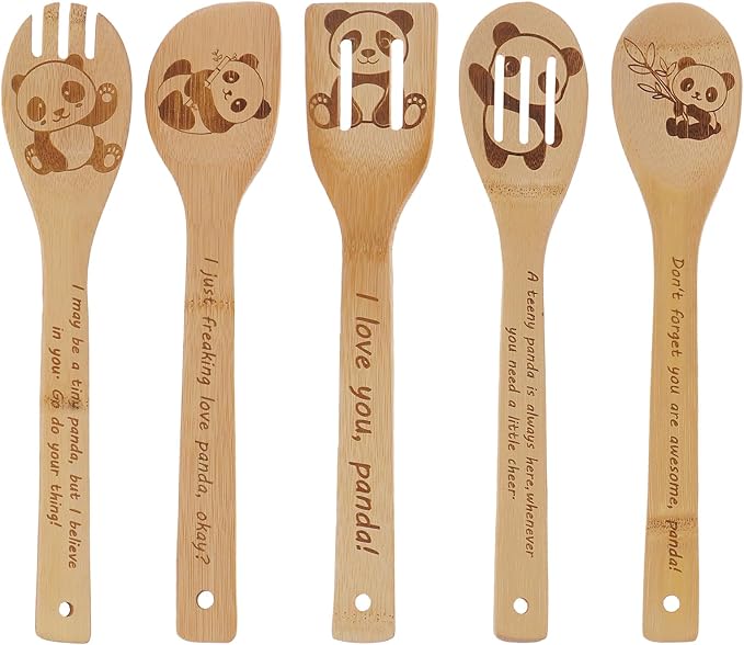 5PCS Panda Wooden Cooking Spoons Set Bamboo Cooking Spoons | Panda Kitchen Decor Housewarming Wedding Anniversary Thanksgiving Christmas for Mom Women Animal Lovers
