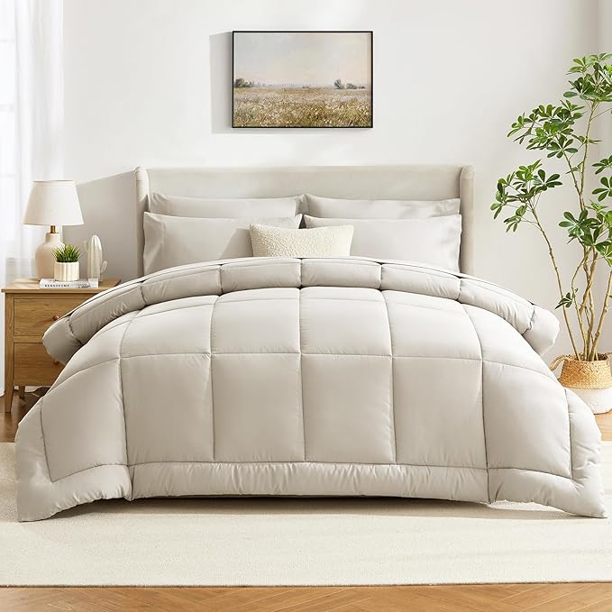 CozyLux Twin XL Comforter Set Beige, 5 Pieces Twin Extra Long Bed in a Bag for College Dorm, All Season Bedding Set with Stitch Quilted Comforter, Flat Sheet, Fitted Sheet, Pillowcases