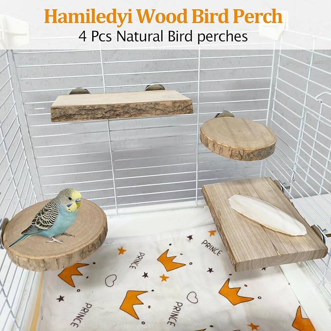 4PCS 5.5×6.1 in &3.9 in Nature Bird Perch Stand Wooden Platforms Set | Rectangular & Round Combined bird platform, Cockatiel Cage Accessories, Grinding Beaks Claw Bird Toys for Parakeet Lovebird