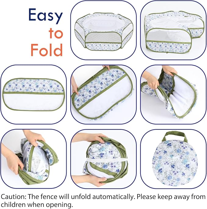 Pawaboo Small Animal Playpen with Zippered Cover, Blue + White Flower | Portable pop-up pet tent for supervised rabbits, guinea pigs, chicks and kittens; water-resistant bottom and 3 metal rods