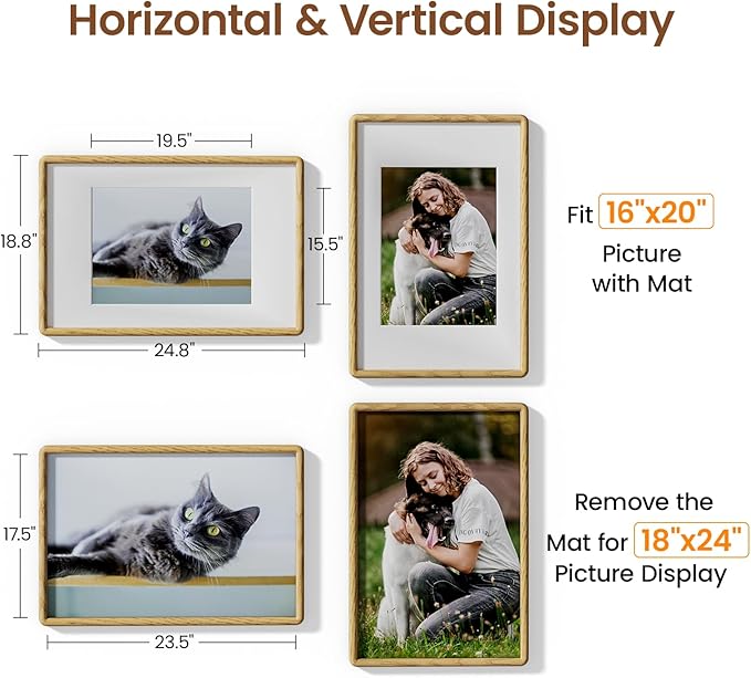 18x24 Picture Frame Natural Oak Wood From California-USA with Real Tempered Glass, Handcrafted 18 x 24 Diploma Frame Matted to 16x20 Wedding Photo,Family Picture,Graduation Picture Display Wall Decor