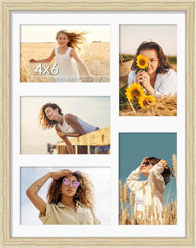 11x14 Collage Picture Frame 4x6 Collage Picture Frame Displays Five 4x6 inch Photos or 11x14 (Without Mat) Wall Decor Wall Hanging or Tabletop Wood Color