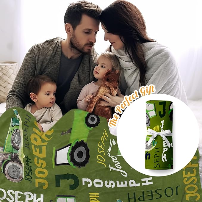 Personalized Tractors Blanket - Custom Name with Farm Tractor Trucks Design - Soft Plush Flannel Bed Blanket for Baby Kid Teen Boys Girls Customized Gifts Olive Green