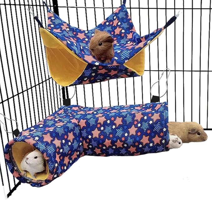 EAEDMY Guinea Pig Rat Tunnel Ferret Hammock, Small Animal Corner Tunnel & Tubes & Bed for Hedgehog Piggy Chinchilla Hideout Toys and Cage Accessories (3.Hammock&Tunnel)