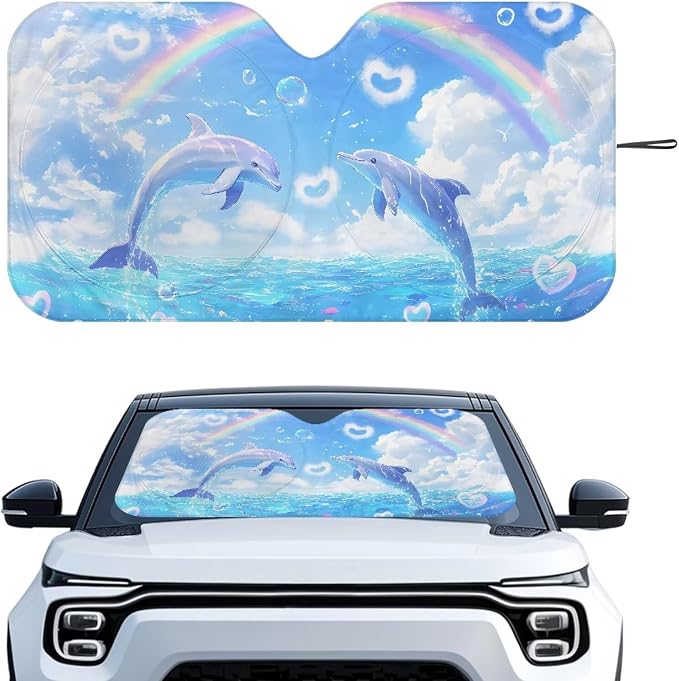 Cute Dolphin Front Window Sunshades Foldable Front Windshield Sun Shade for Heat Protection Blocking Harmful UV Rays & Heat