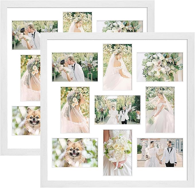 17x17 Collage frame with 9 Openings 4X6 Pictures, Multiple Picture Frame with Mat, Wall or Tabletop Decor, White Wood Grain,2 Pack