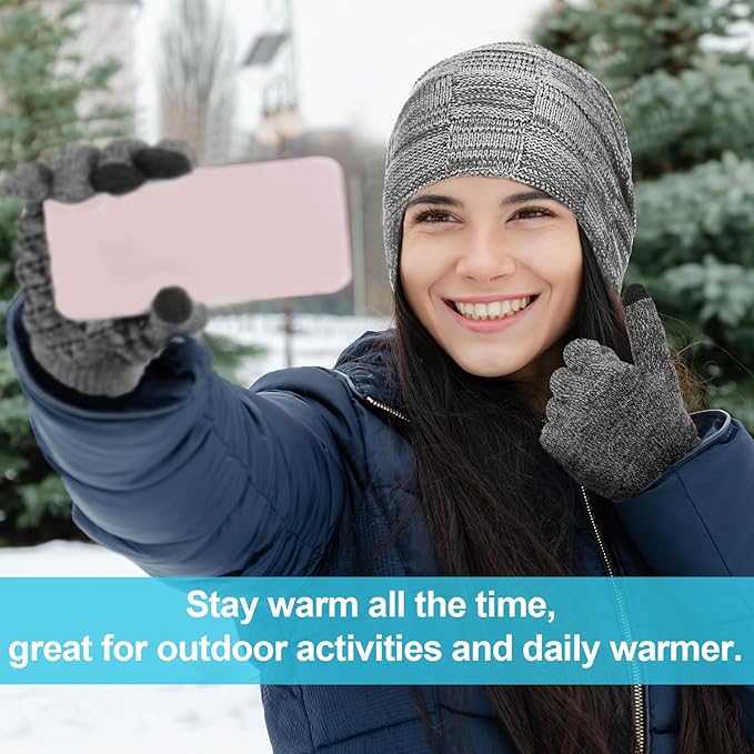 Winter Fleece Lined Beanie Hat Scarf Sock Touchscreen Gloves Set for Men Women