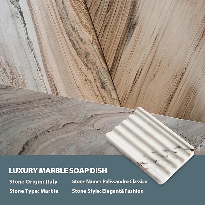 Koville Natural Marble Soap Dish for Shower, Stone Soap Tray for Bathroom, Bar Soap Holder for Sink, Stripe Grooves Saver Stone Dish Tray Keep Bars Dry Easy Clean(Palissandro Classico)
