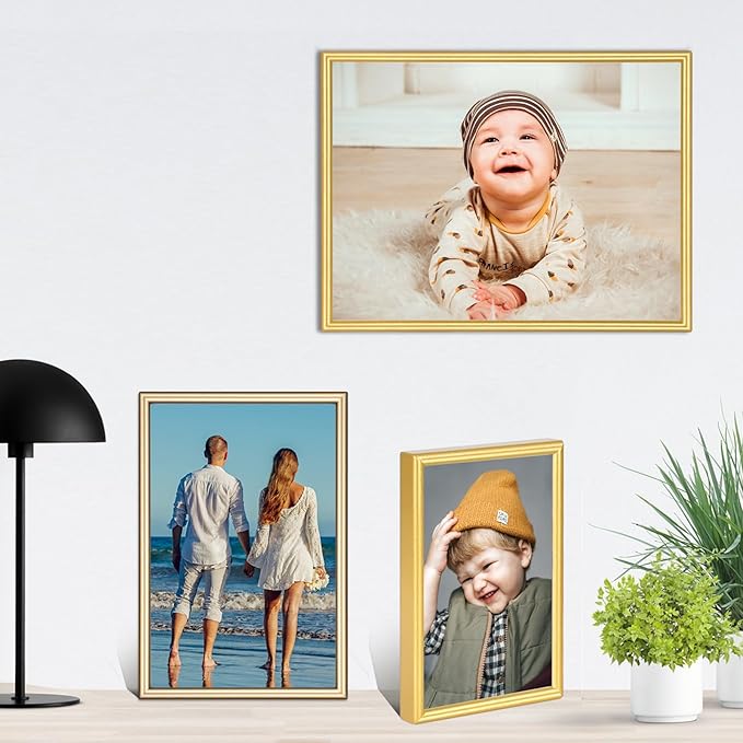 4x6 Picture Frame Gold - Brushed Brass Modern Simple Thin Aluminum Metal Photo Frame with HD Real Glass, Display for Tabletop and Wall Collage. (2 Pack)