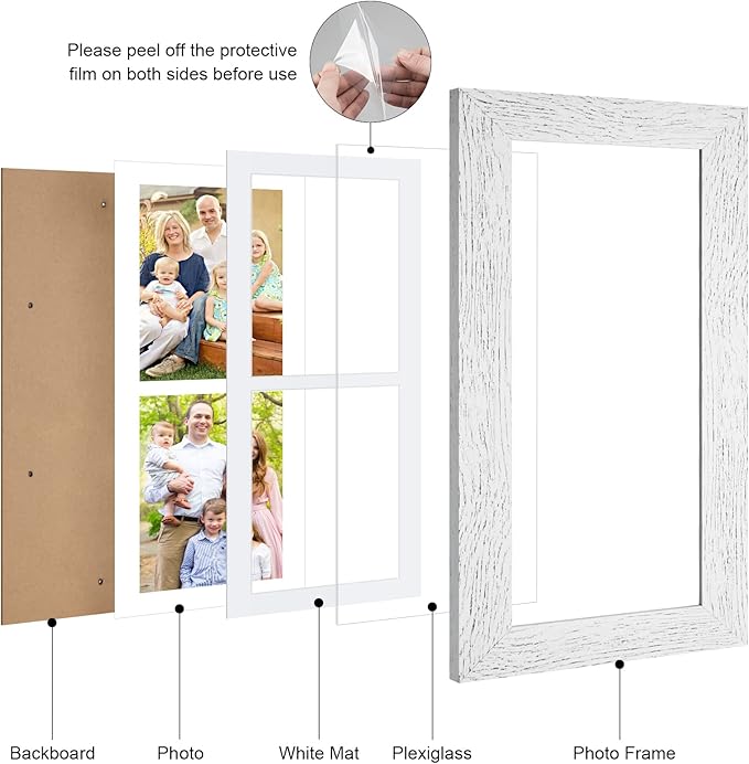 6x15 Picture Frame Display 2 opening 5X7 Double Picture Frame Collage,Multi Photo Frame with Mat,Plexiglass,Horizontal and Vertical Formats for Wall Decor,Distressed White Wood Grain
