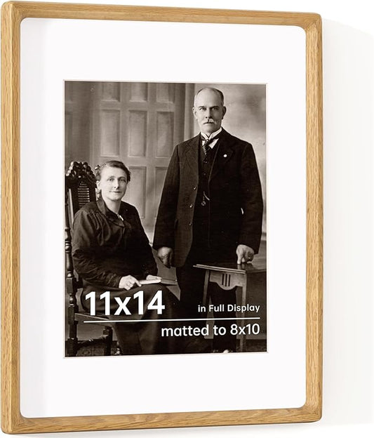 11x14 Wooden Picture Frames USA-Sourced Natural Oak Wood Solid Wood Photo Frame Handcrafted Rounded Corner with Mat to 8x10 Picture Frame Vintage Display with Real Glass Family Picture, Wedding Photo