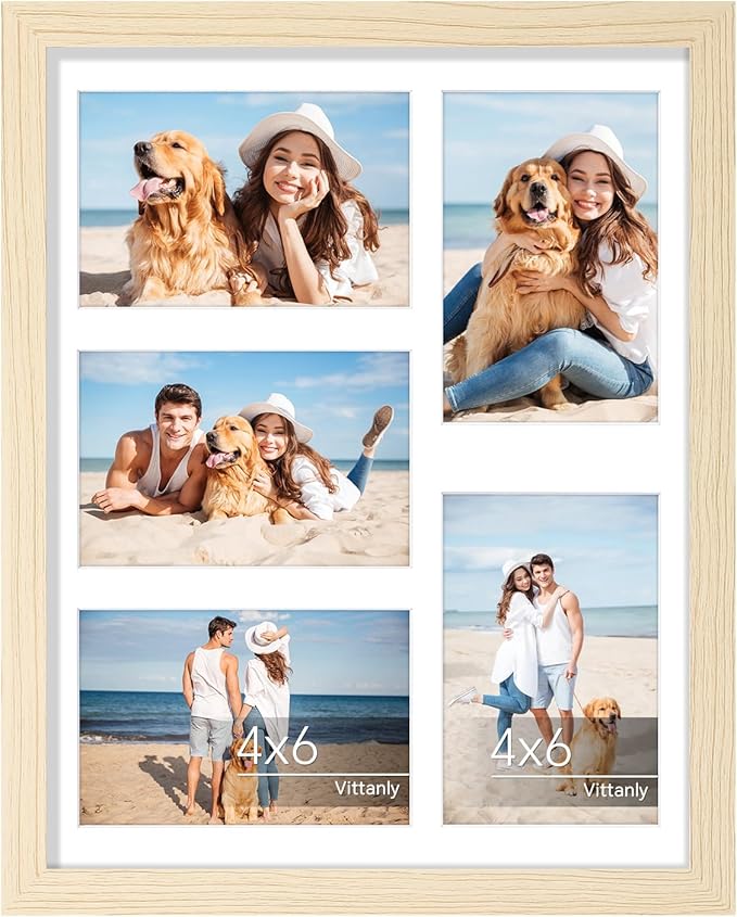 Vittanly 11x14 Collage Picture Frame, Displays 5Pcs 4x6 Pictures with Mat or 1Pcs 11x14 without Mat for Wall Mounting, Picture Frames Collage Wall Decor in Nature Wood, 1 Pack