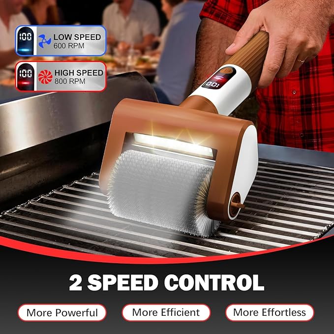 Electric Grill Brush, 2-Speed BBQ Grill Brush with LED Light/Screen Powerful Cleaning 800RPM/4000mAh/2 Brush Heads No Bristle Shedding Rechargeable Lightweight Grill Cleaner for Outdoor/Camping