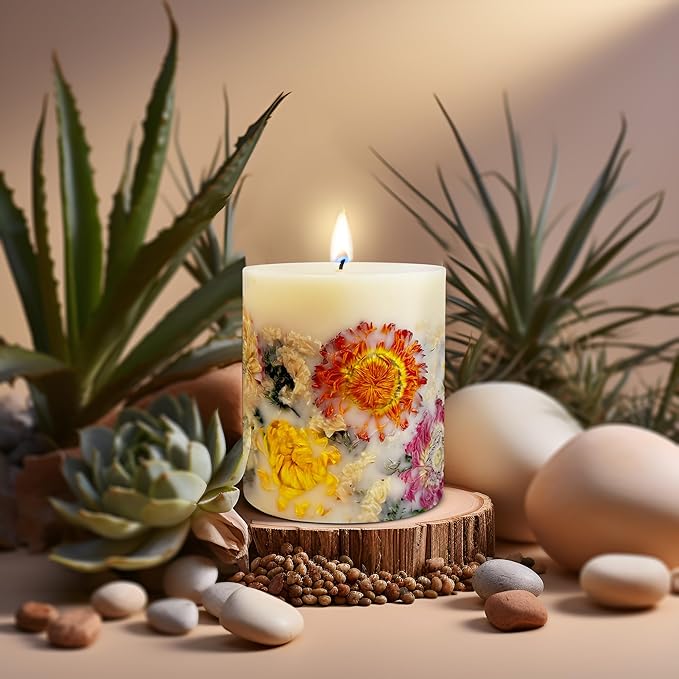 VIONAMI Botanical Scented Pillar Candle - Tropical Rare Flower Fragrance Candles Gifts for Women, Gift Ready - Decorative Natural Soy Scented Candles with Dried Flowers for Home (Mums)