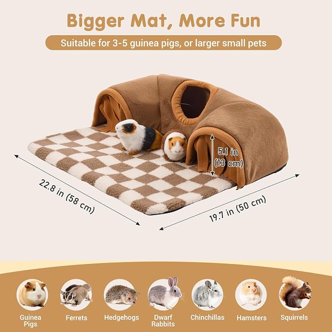 Avont Guinea Pig Tunnel, Small Animal Hideaway Tube Toy | Cozy Plush Tunnel for Guinea Pigs and Small Pets with Non-Slip Bottom and 2-In-1 Design in Large Size Brown