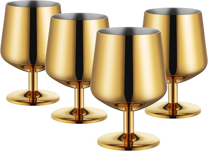 12oz Snifter Glasses Set of 4, Cognac Glasses for Men, Brandy Snifter Glasses, Stemmed Whiskey Glasses, Bourbon Snifter, 18/10 Stainless Steel, Gold, Ideal Gift For Wine Lover