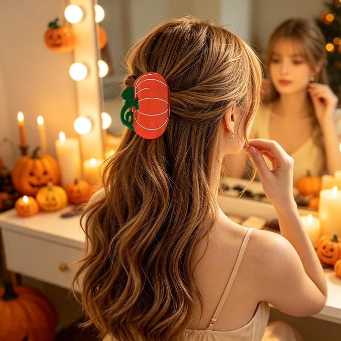 Cute Pumpkin Hair Clips for Women Fall Hair Claw Clips Vegetable Jaw Clips | Orange Pumpkin Hair Clamp with Lines Leaf Thanksgiving Day Hair Barrettes Autumn Winter Daily Holiday Hairstyle Accessory