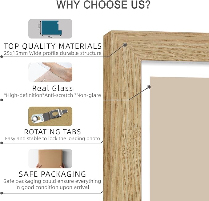 8x11 Picture Frame Set of 2, Made of Real Glass and Natural Oak Wooden Frame - 8 by 11 Photo for Wall or Tabletop Display