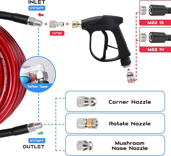 Sewer Jetter Kit for Pressure Washer 100 FT, Drain Cleaner Hose with Power Washer Gun, 1/4 Inch NPT Corner, Rotating and Button Nose Sewer Jetting Nozzle,Waterproof Tape, Pearl Corsage Pin, Spanner
