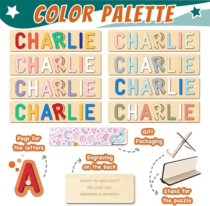 Name Puzzle for Kids Personalized, 1 Year Old Boy Gifts, Personalized Puzzles for Toddlers 1-3, Custom Name Puzzle, Montessori Toys for 1-3 Years Old(Shape)