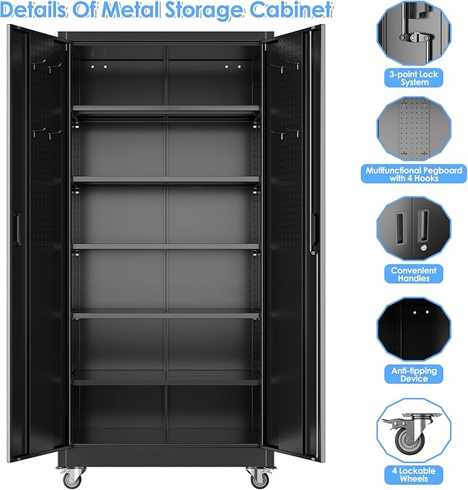 Garage Storage Cabinet with Wheels, Metal Storage Cabinet with 5 Adjustable Shelves and Pegboard for Garage Home Utility Room,Required Assembly,Black，71" H×34" W×18" D