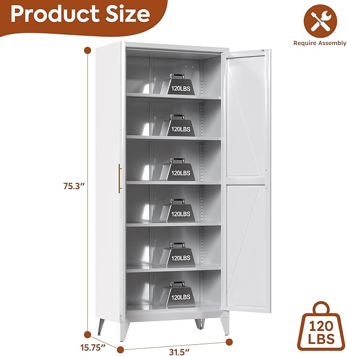 75" H Metal Pantry Storage Cabinet with Doors,Farmhouse Kitchen Pantry Cabinet with 5 Adjustable Shelves for Kitchen, Living Room,Assemble Required,White,15.75" D x 31.5" W x 75.3" H