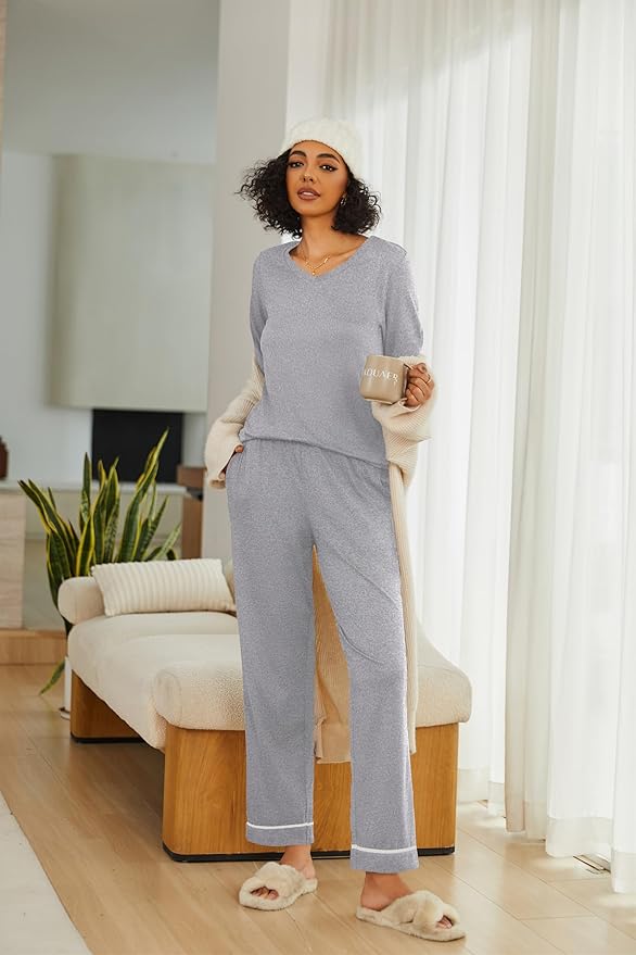Ekouaer Womens 2 Pack Pajama Set Long Sleeve Pajamas Top and Pants V Neck Pjs Set Soft Loungewear with Pockets