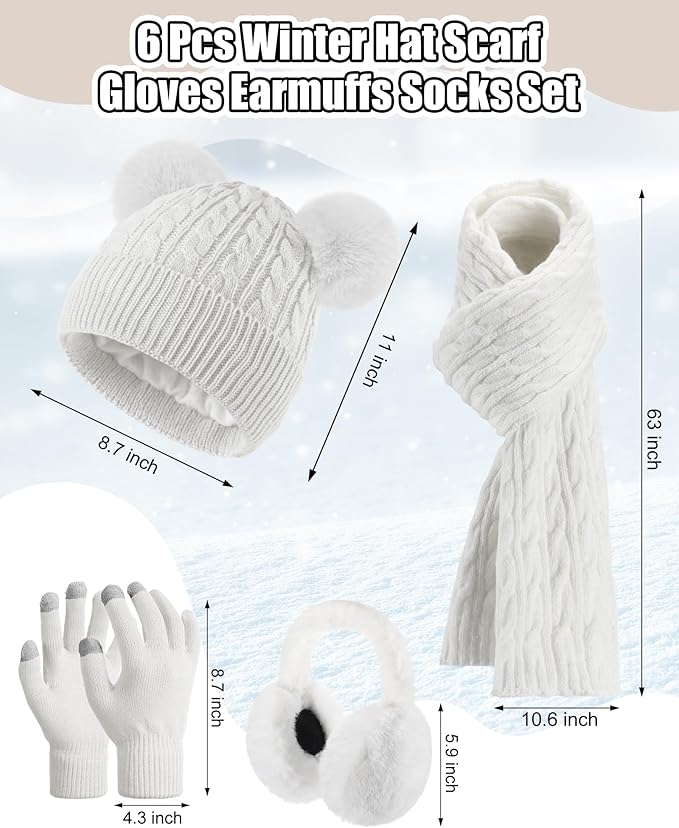 Geyoga 6 Pcs Winter Warm Fleece Knit Hat Long Scarf Touchscreen Gloves Ear Muffs Socks Sets, Winter Warm Gifts for Women