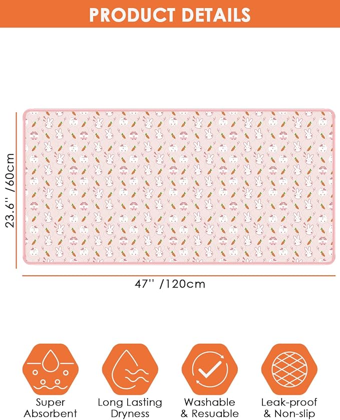 Bissap 4‑Pack Guinea Pig Cage Liners, 47''X24'' Pet Pee Pad Bedding, Pink | Non‑slip waterproof TPU layer, Super absorbent, Washable reusable bedding for guinea pig, rabbit, hamster, chinchilla, rat