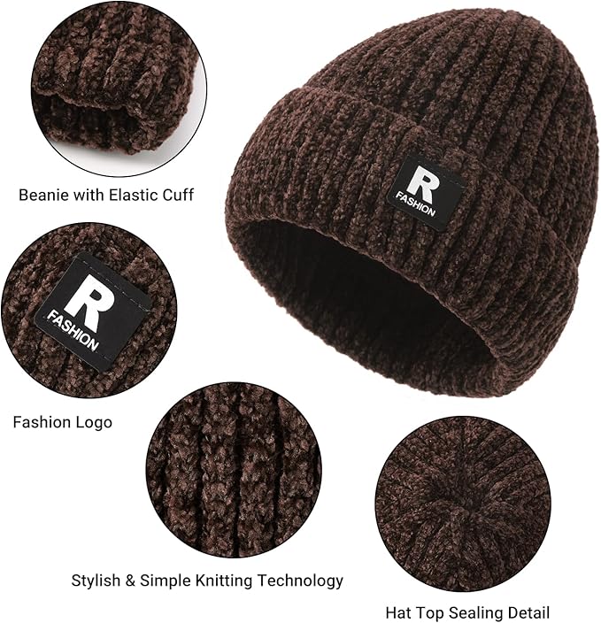 Winter Beanie Hat Circle Scarf Gloves Set for Men Women, Thick Warm Chenille Skull Cap Touchscreen Gloves Neck Warmer