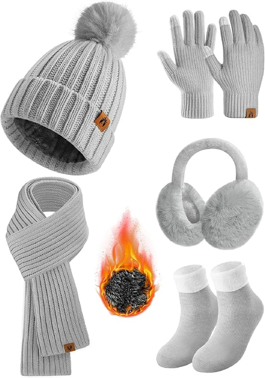 HEEKPEK Winter Beanie Hats Scarf Gloves Ear Muffs Fuzzy Socks 5pcs Set for Women Cold Weather Beanies Touch Screen Gloves