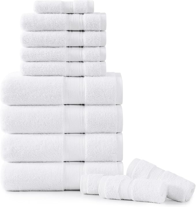 LANE LINEN 100% Ring-Spun Cotton Bath Towels Set of 12 – Zero Twist, 4 Bath, 4 Hand Towel & 4 Washcloths, Soft, Ideal for Spa Hotel & Home, Durable After Multiple Washes – White Towels